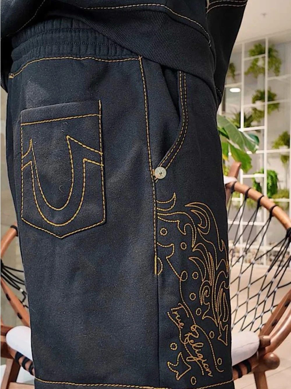 New Authentic Men's True Religion Short Pants Black Gold Stitch Large Summer